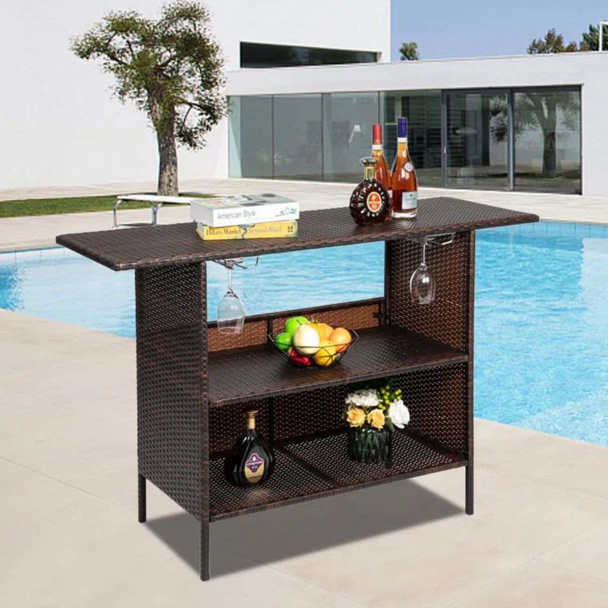 Outdoor Rattan Wicker Bar Table With Storage Selves