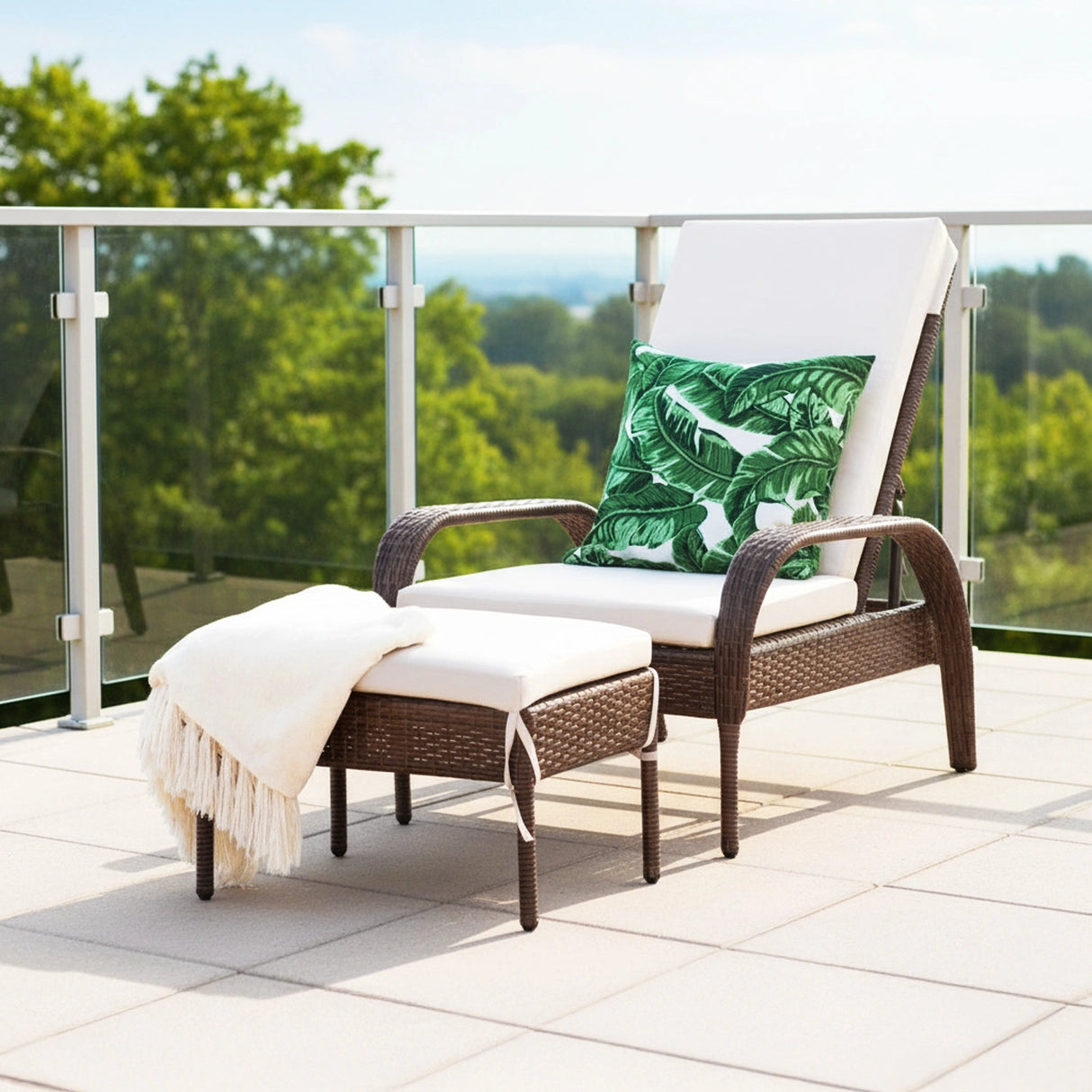 Outdoor Wicker 2 Piece Patio Armchair Recliner with Ottoman