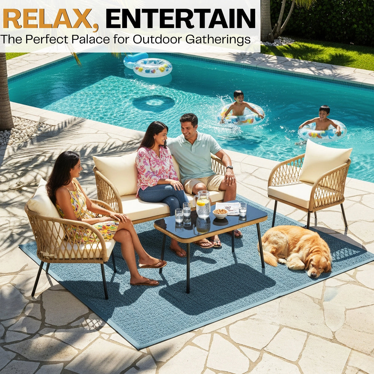 Outdoor Rope 4-Seater Sofa Set with Glass Top Table (Beige & Cream)