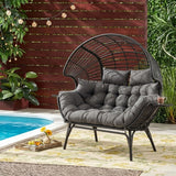 Outdoor Wicker Double Seater Egg Chair with Dual Cup Holders (Black & Dark Grey)