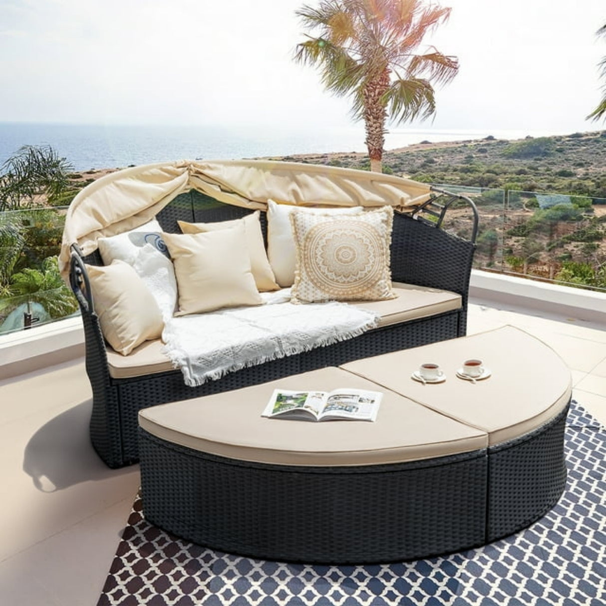 Outdoor Round Canopy Daybed Wicker Patio Furniture Set with Cushions