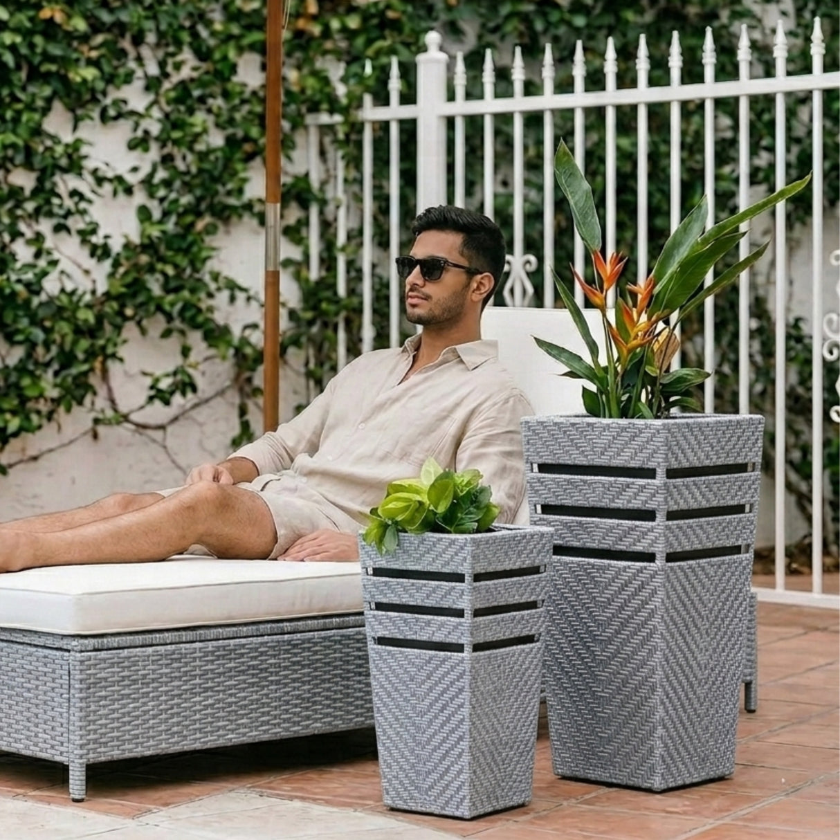 Outdoor Tall Square Rattan Planter Set of 2 (Silver Grey)