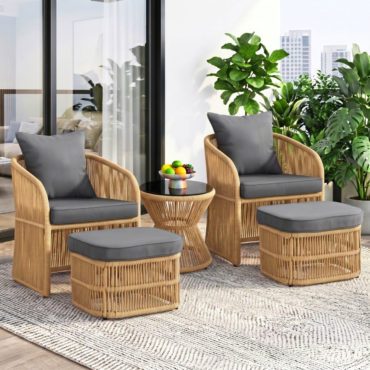 Outdoor 5 Piece Rope Patio Chair Ottoman Set (Beige & Dark Grey)