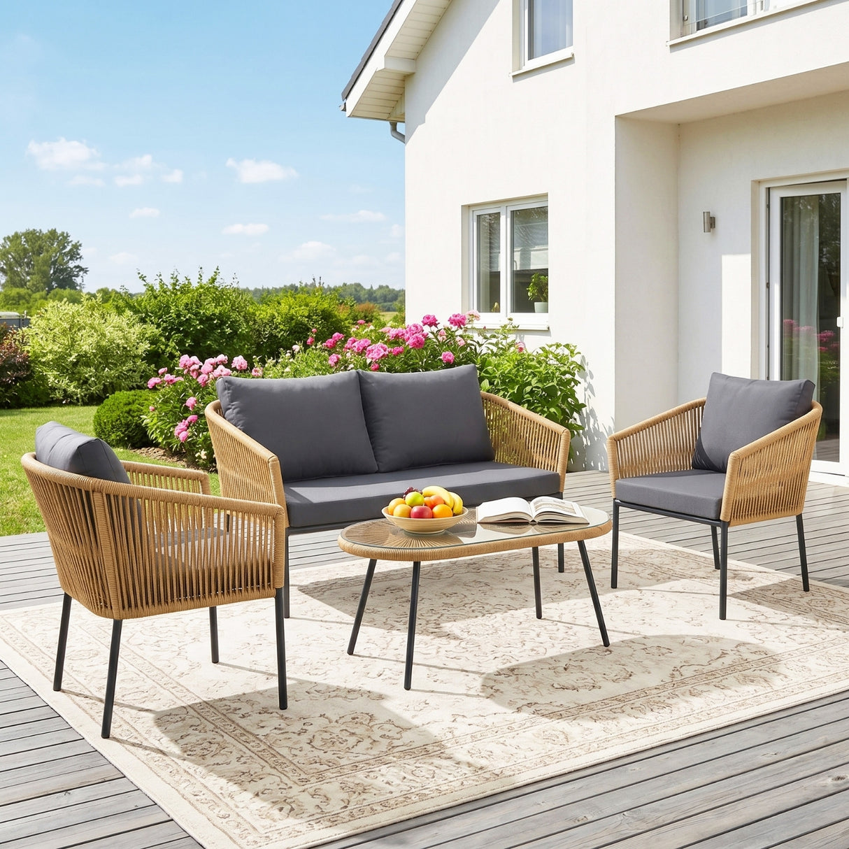 Outdoor 4 Seater Rope Conversation Sofa Set (Beige & Dark Grey)
