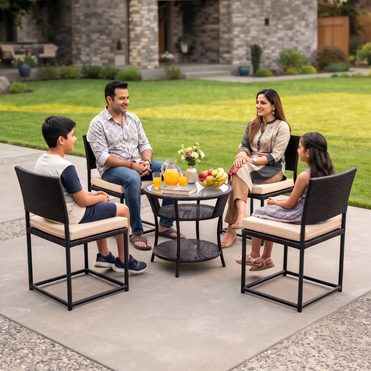 5-Piece Outdoor Wicker Patio Furniture Set (Black & Cream)