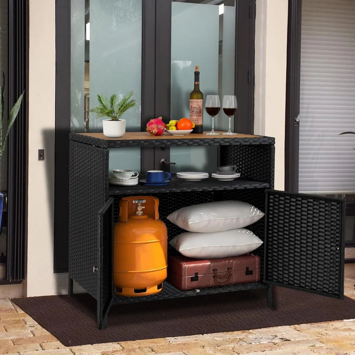 Outdoor Rattan Wicker Bar Table With Wooden Top