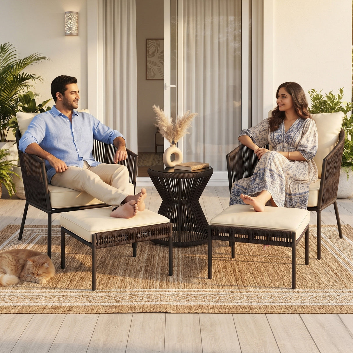 Outdoor 5 Piece Rope Patio Sofa Set (Brown & Cream)