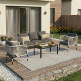 Outdoor Rope 5-Seater Sofa Set With Glass Top Table