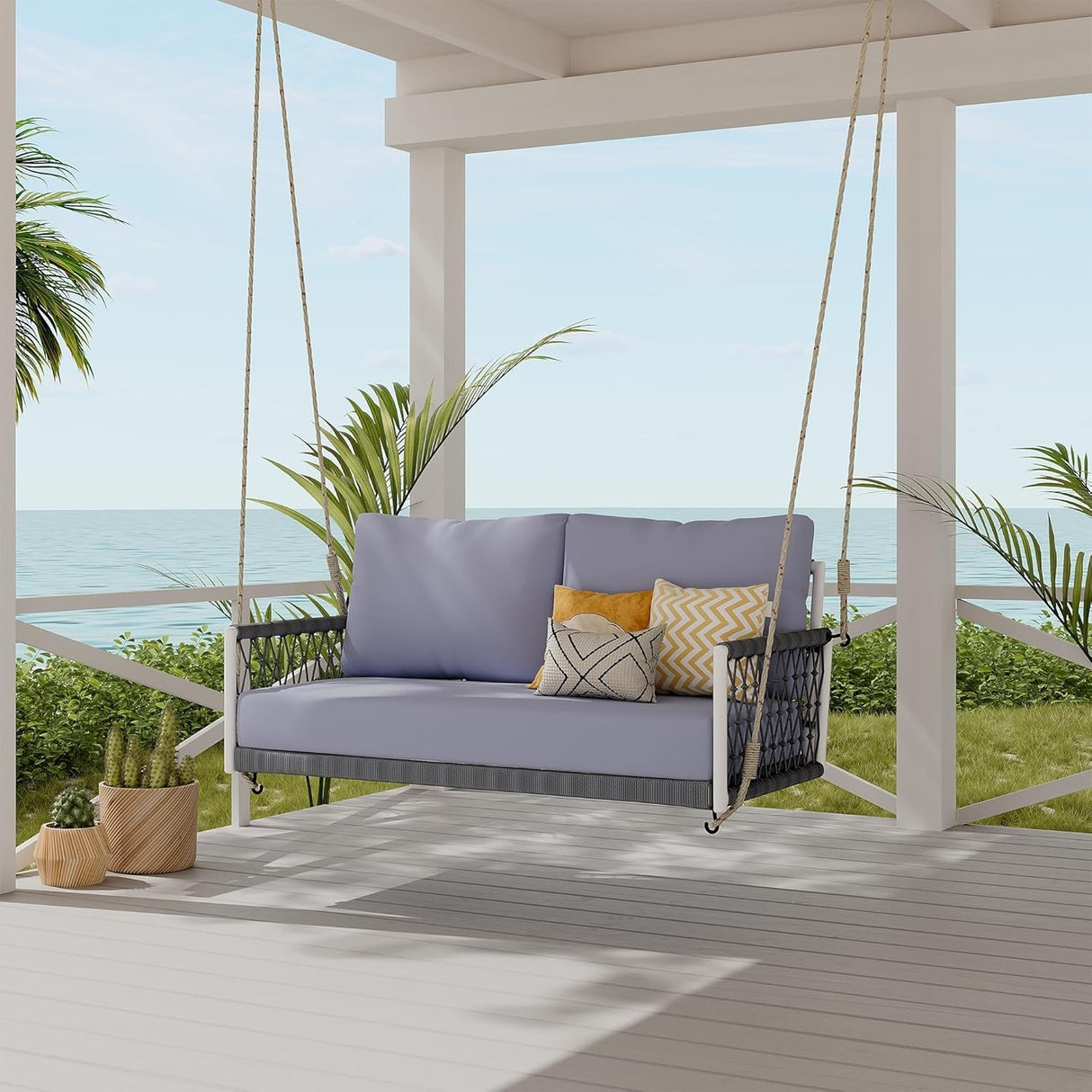 Outdoor Rope Swing 2-Person Hanging Chair, Weatherproof Porch Swing