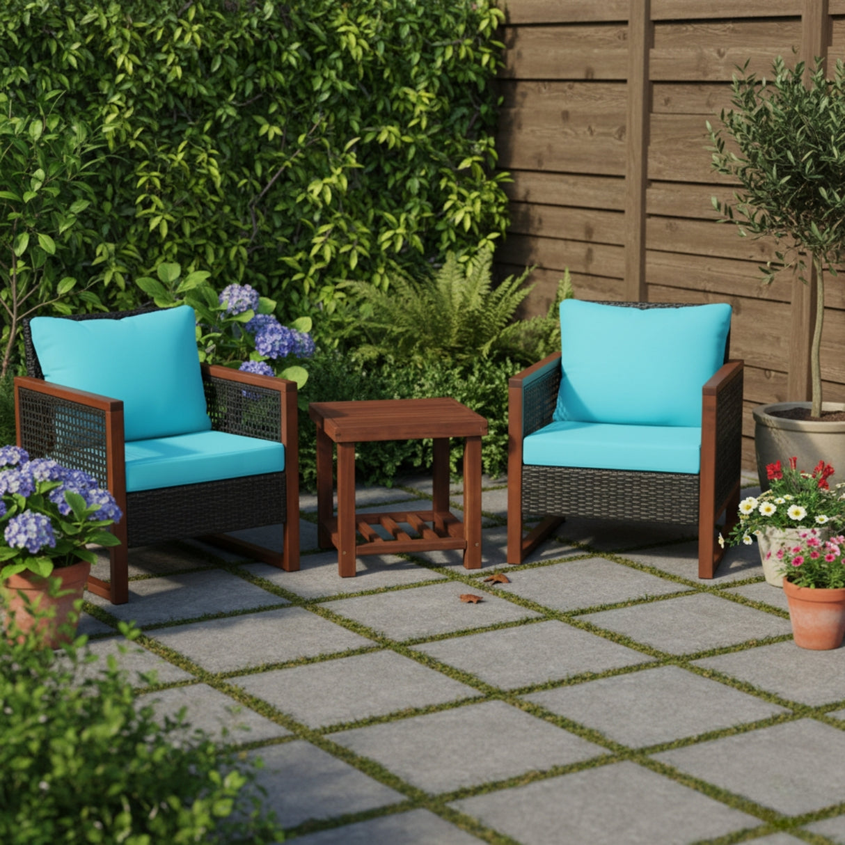 Outdoor Wicker 3-Piece Patio Furniture Set with Solid Wooden Frames (Dark Brown & Sky-Blue)