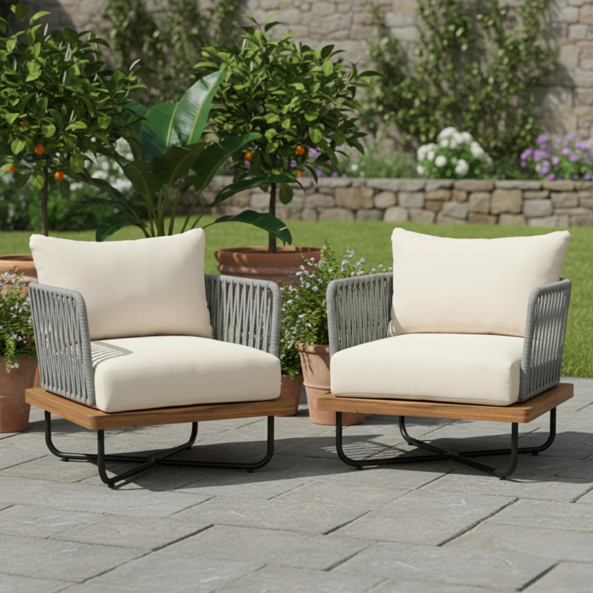 Premium All-Weather Outdoor Rope Sofa Chairs Set (Grey & Cream)