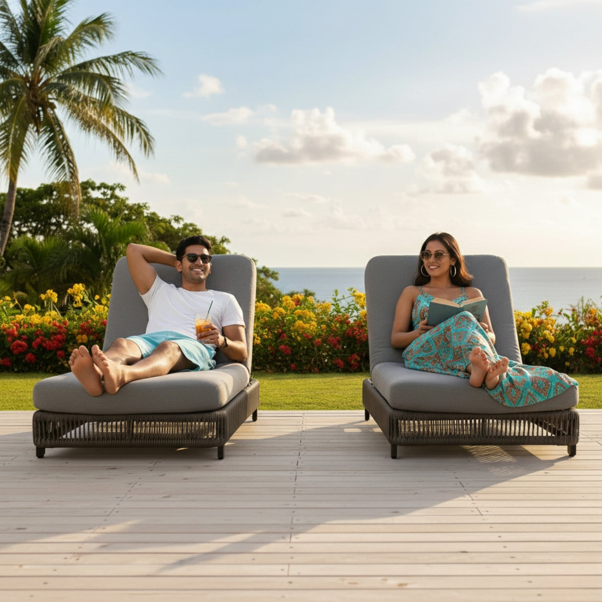 Outdoor Rope Lounger Set of 2 with Adjustable Backrest (Grey)