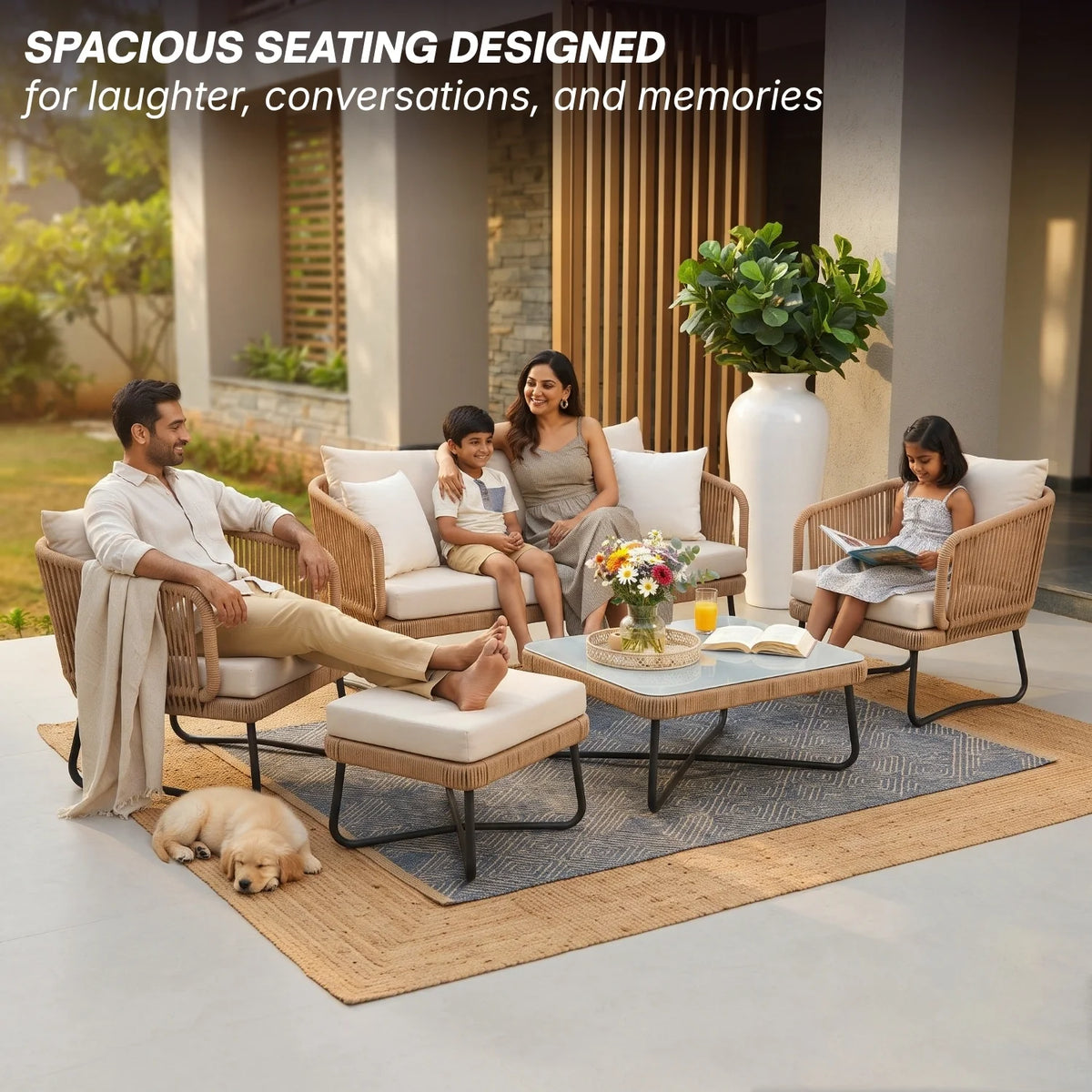 Outdoor 5pcs All-Weather Rope Sofa Set with Cushions (Beige & White)
