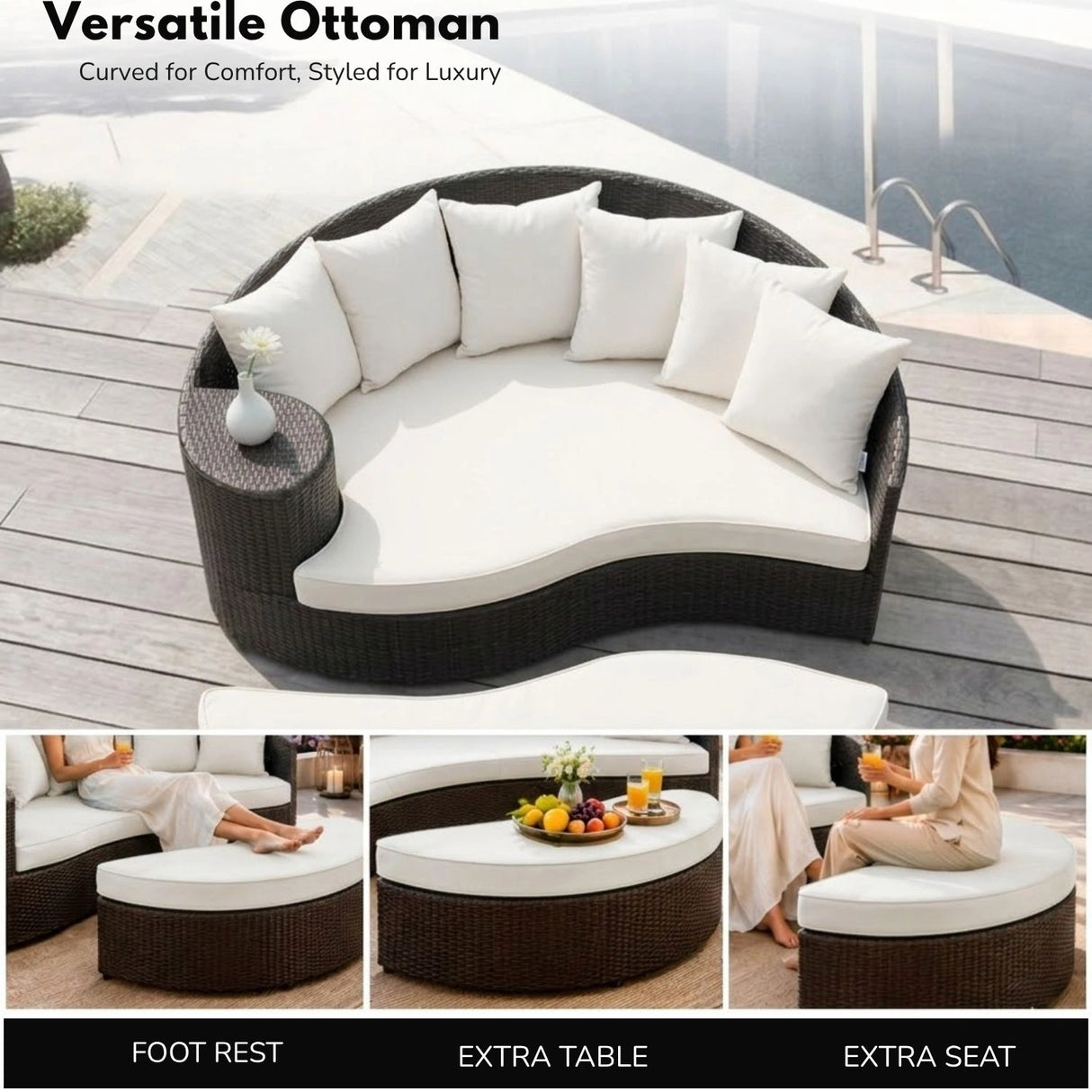 Outdoor Rattan Wicker Daybed (Dark Brown & White)