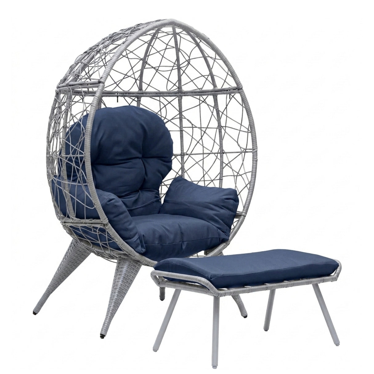 Outdoor Wicker Egg Chair with Ottoman (Silver Grey & Navy-Blue)