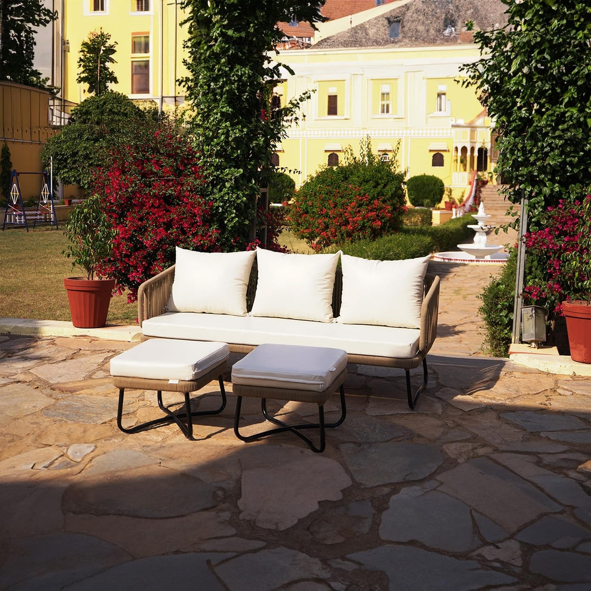 7 Seater Outdoor Rope Sofa Set with Ottomans