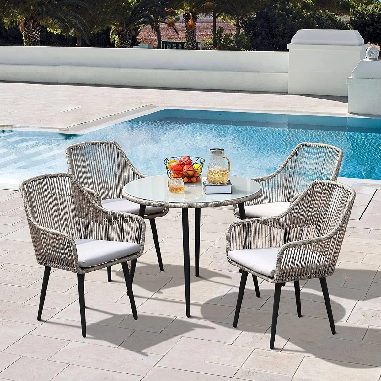 5-Piece Outdoor Rope Patio Dining Set With Glass Top Table