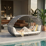 Outdoor Rattan Wicker Daybed with Oval-Shaped Canopy Frame (Silver Grey & Off-White)