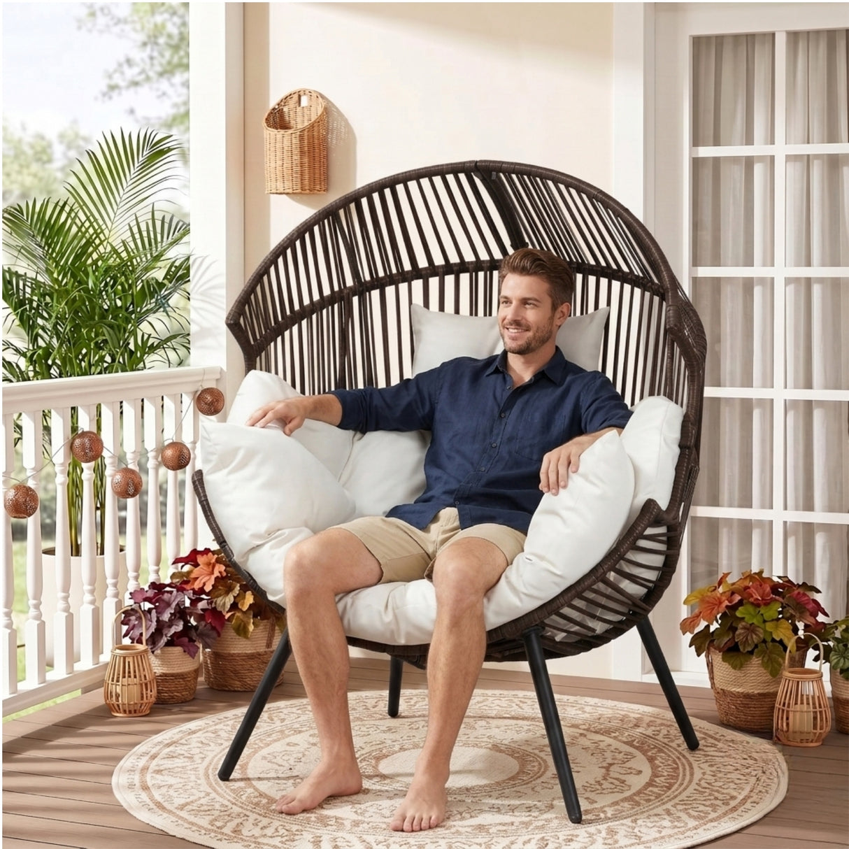 Outdoor Wicker Egg Chair with Plush Cushions (Dark Brown& Off-White)