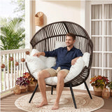 Outdoor Wicker Egg Chair with Plush Cushions (Dark Brown& Off-White)