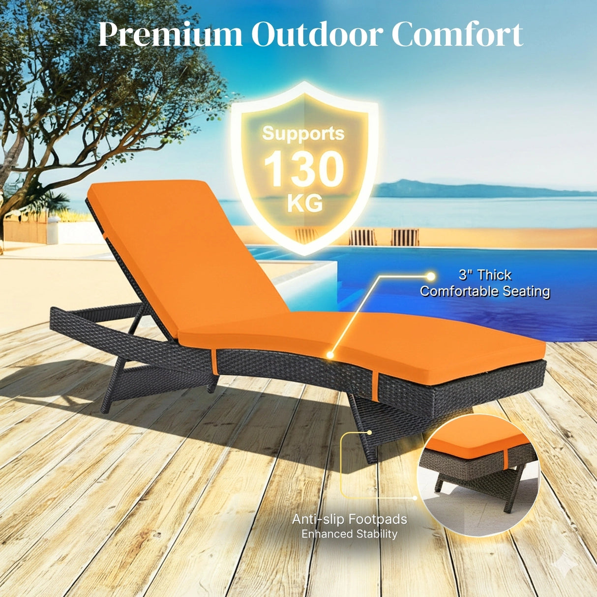 Outdoor Rattan Wicker Chaise Lounger For Poolside