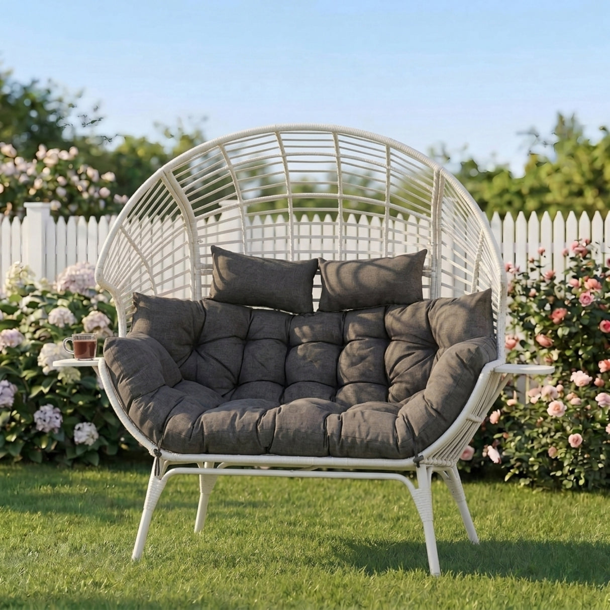 Outdoor Wicker Double Seater Egg Chair with Dual Cup Holders (White & Dark Grey)