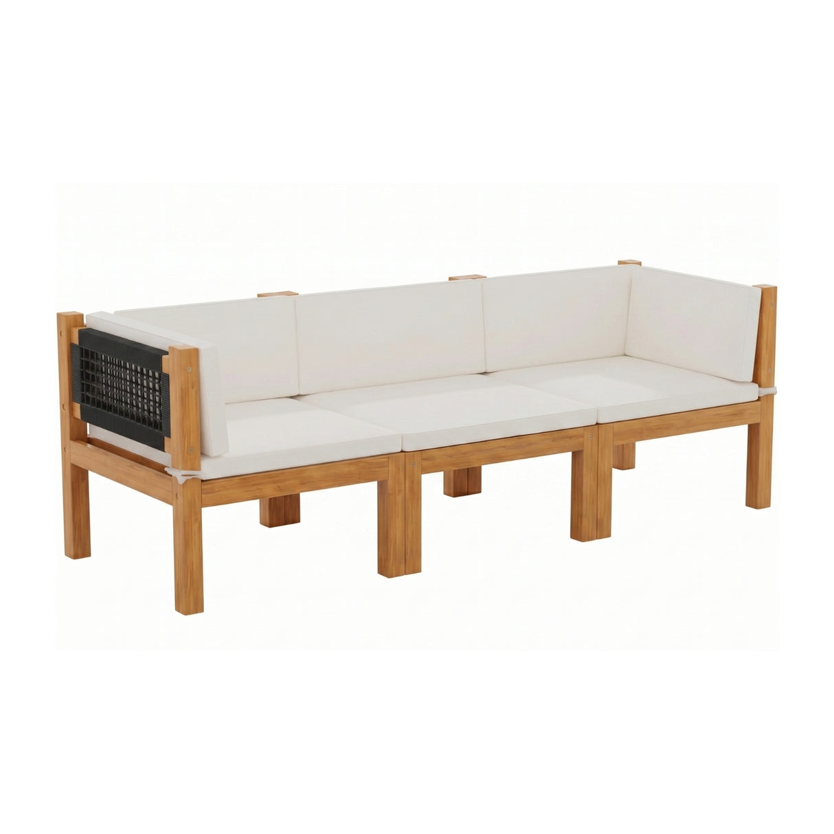 Outdoor Teak Wood & Rope L-Shape Sofa Set (Black & White)