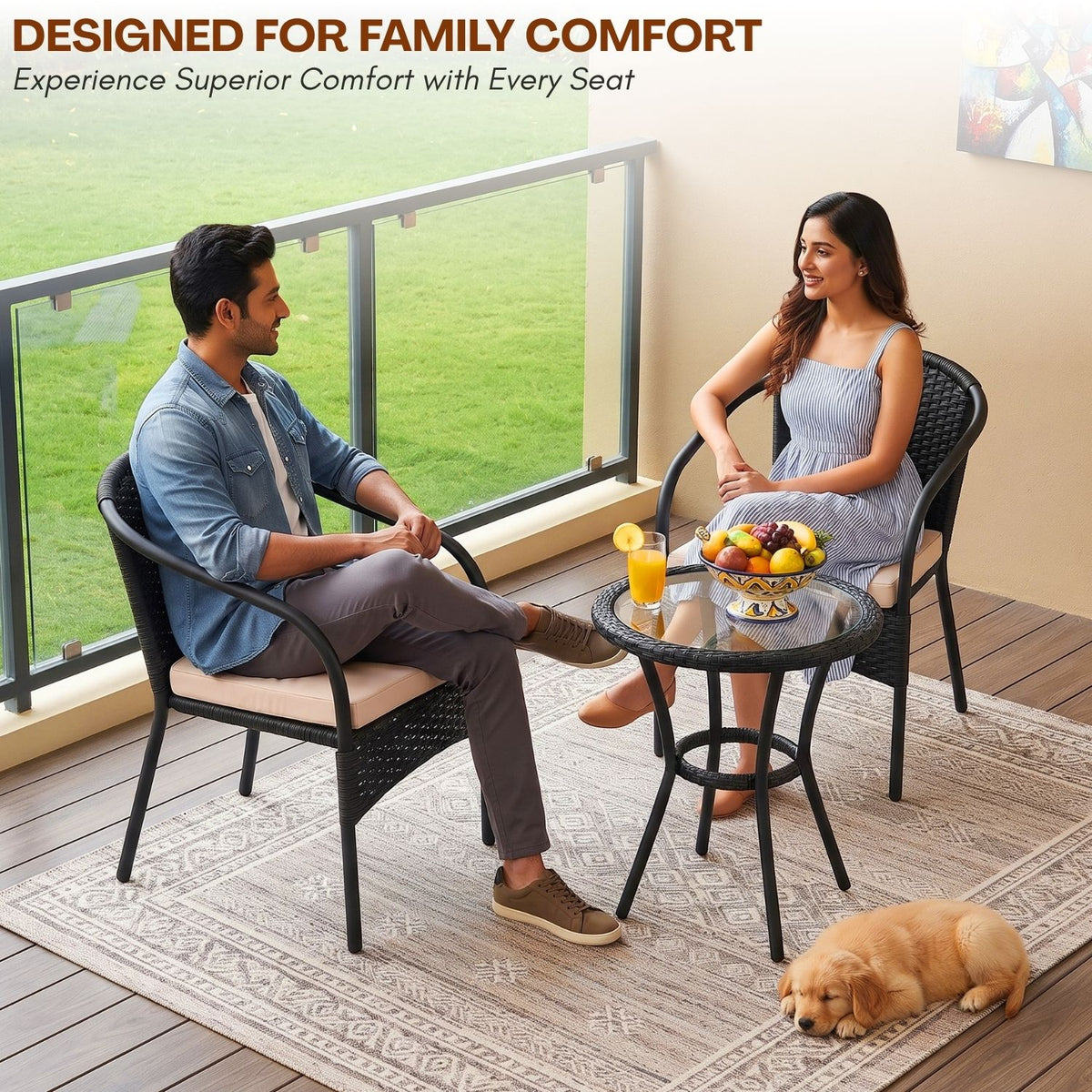 3 Piece Outdoor Wicker Patio Furniture Set (Black & Cream)