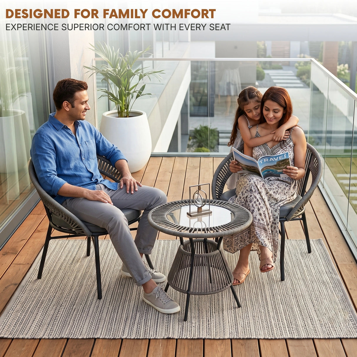 Outdoor Rope 3 Piece Patio Bistro Set (Grey & Dark Grey)