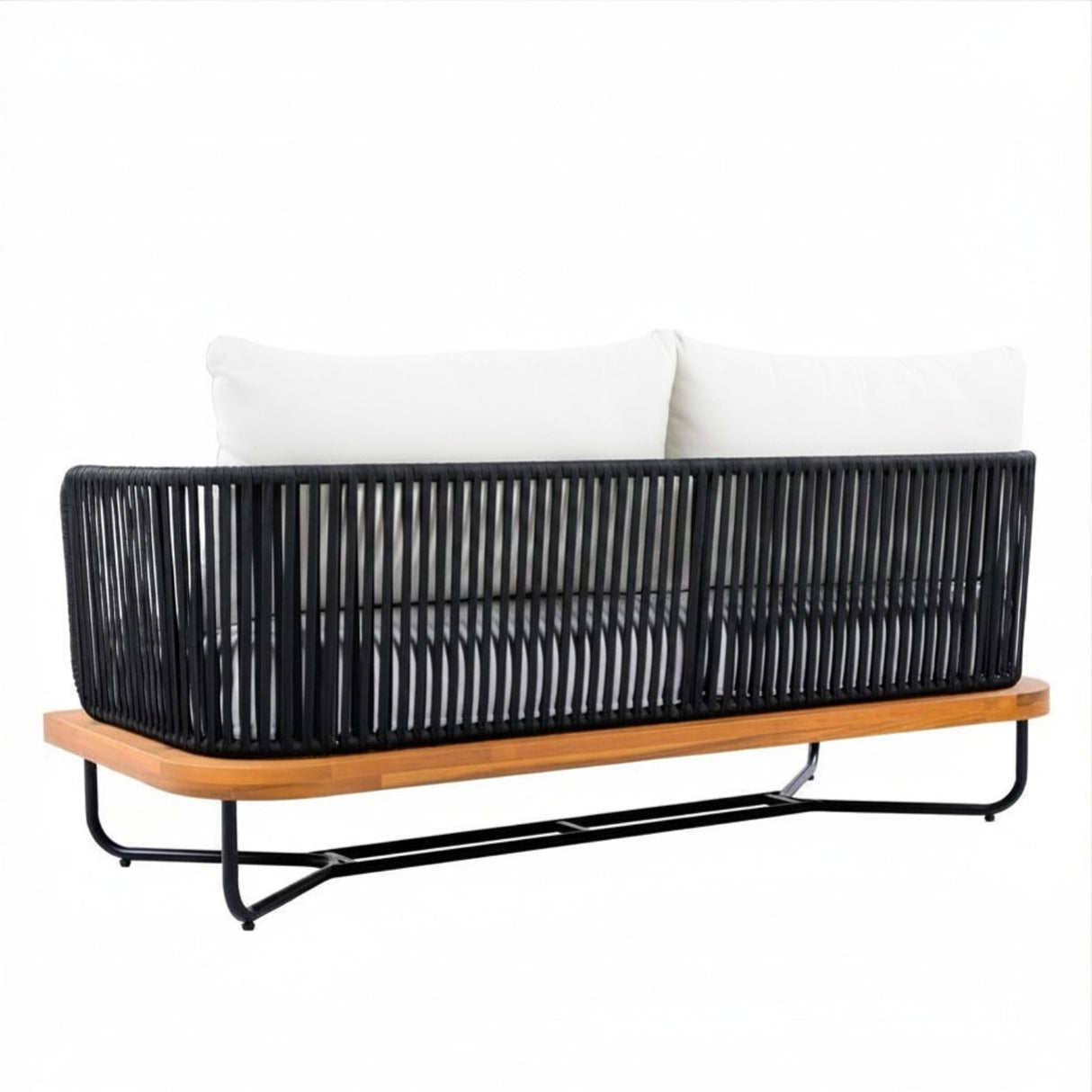 Outdoor Rope 2-Seater Sofa Set with Wooden Base & Slatted Wooden Coffee Table