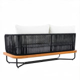 Outdoor Rope 2-Seater Sofa Set with Wooden Base & Slatted Wooden Coffee Table