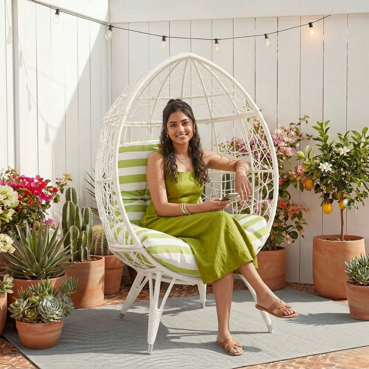 Outdoor White Rattan Lounge Accent Egg Chair