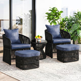 Outdoor 5 Piece Rope Patio Chair Ottoman Set (Black & Navy-Blue)