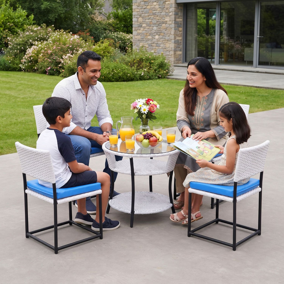 5-Piece Outdoor Wicker Patio Furniture Set (White & Sky-Blue)