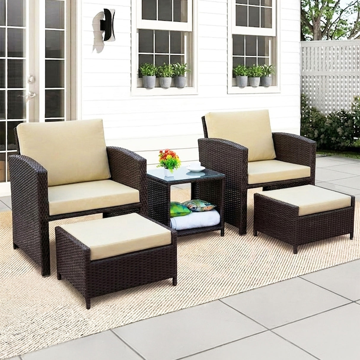 Outdoor 5 Piece Patio Wicker All Weather Sectional Furniture Set