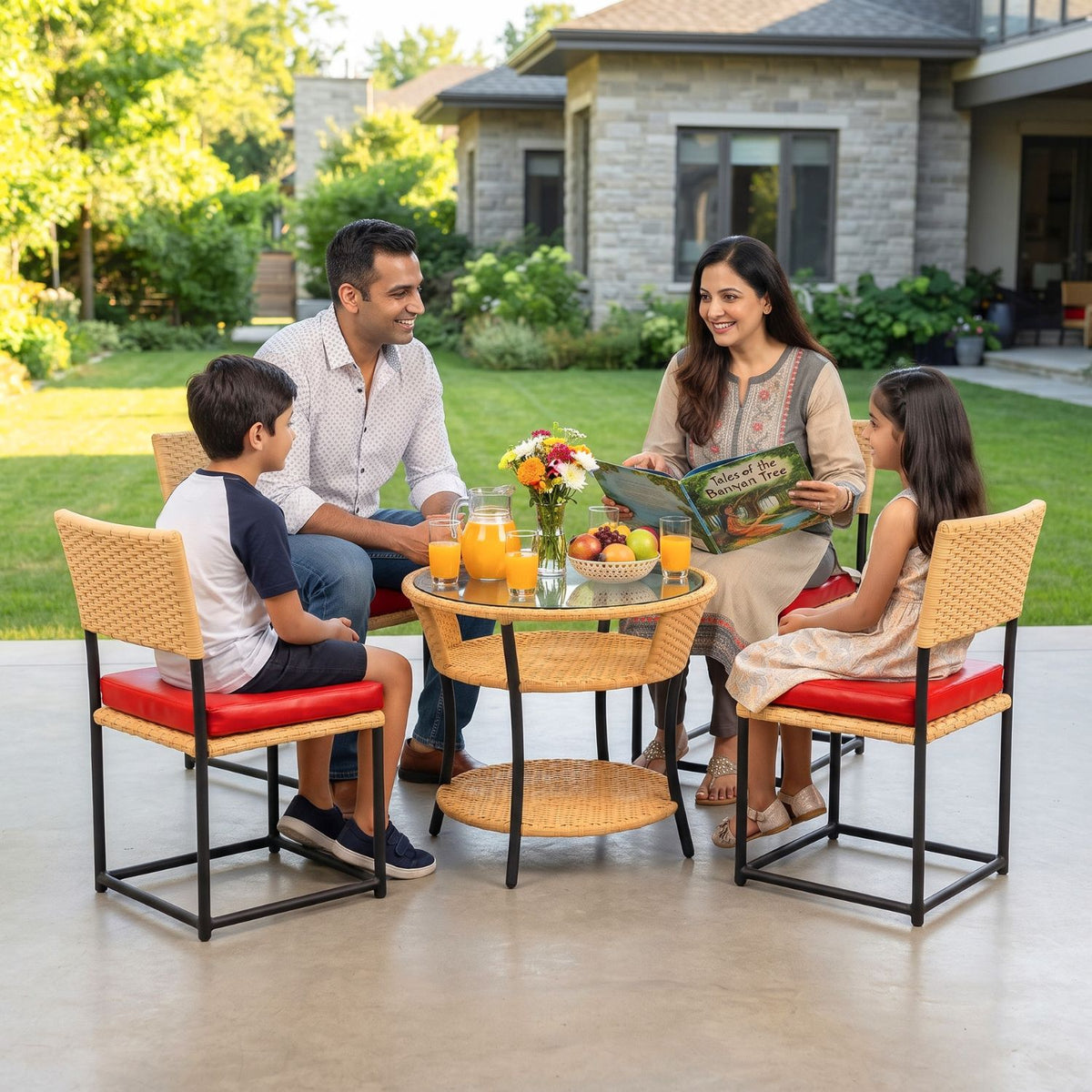 5-Piece Outdoor Wicker Patio Furniture Set (Beige & Red)