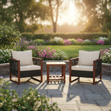 Outdoor Wicker 3-Piece Patio Furniture Set with Solid Wooden Frames (Dark Brown & White)