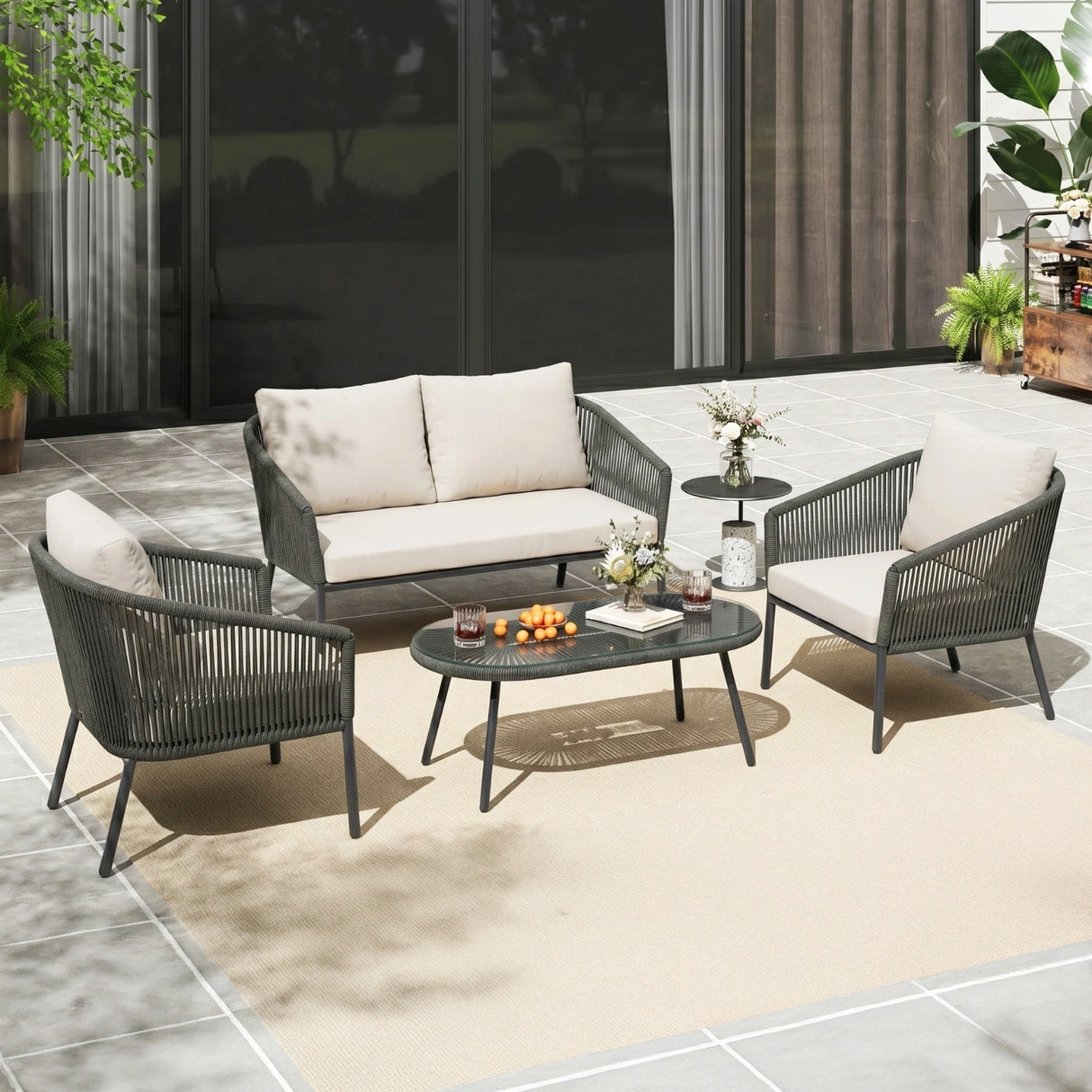 Outdoor 4 Seater Rope Conversation Sofa Set (Grey & Off-White)