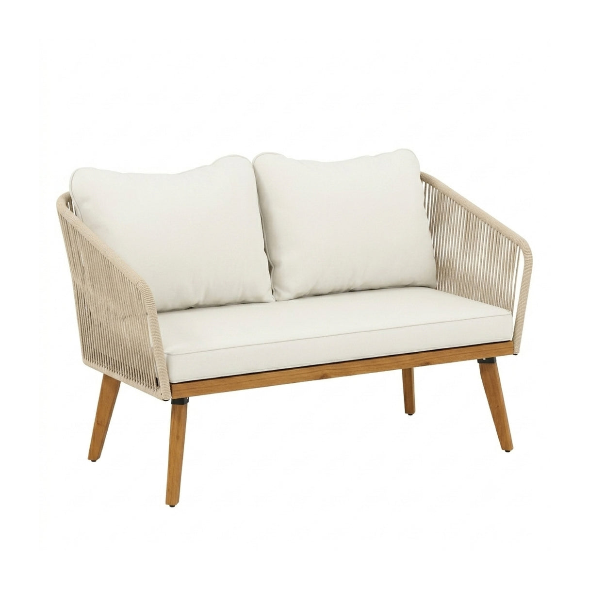 Outdoor Rope 4-Piece Patio Sofa Set with Wooden Legs & Coffee Table (Platinum & Off-White)