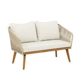 Outdoor Rope 4-Piece Patio Sofa Set with Wooden Legs & Coffee Table (Platinum & Off-White)