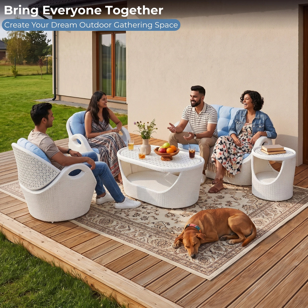 4-Seater Modern Design Outdoor Patio Furniture Set (White & Sky-blue)