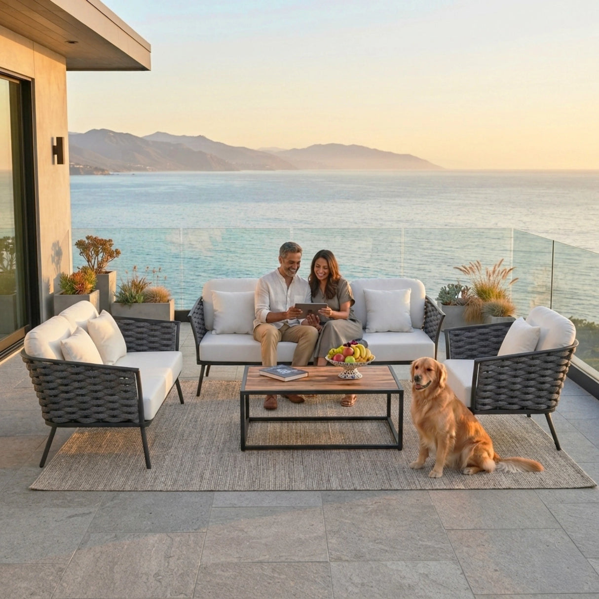 4 Piece Outdoor Rope Sofa Set with Wooden Top Table