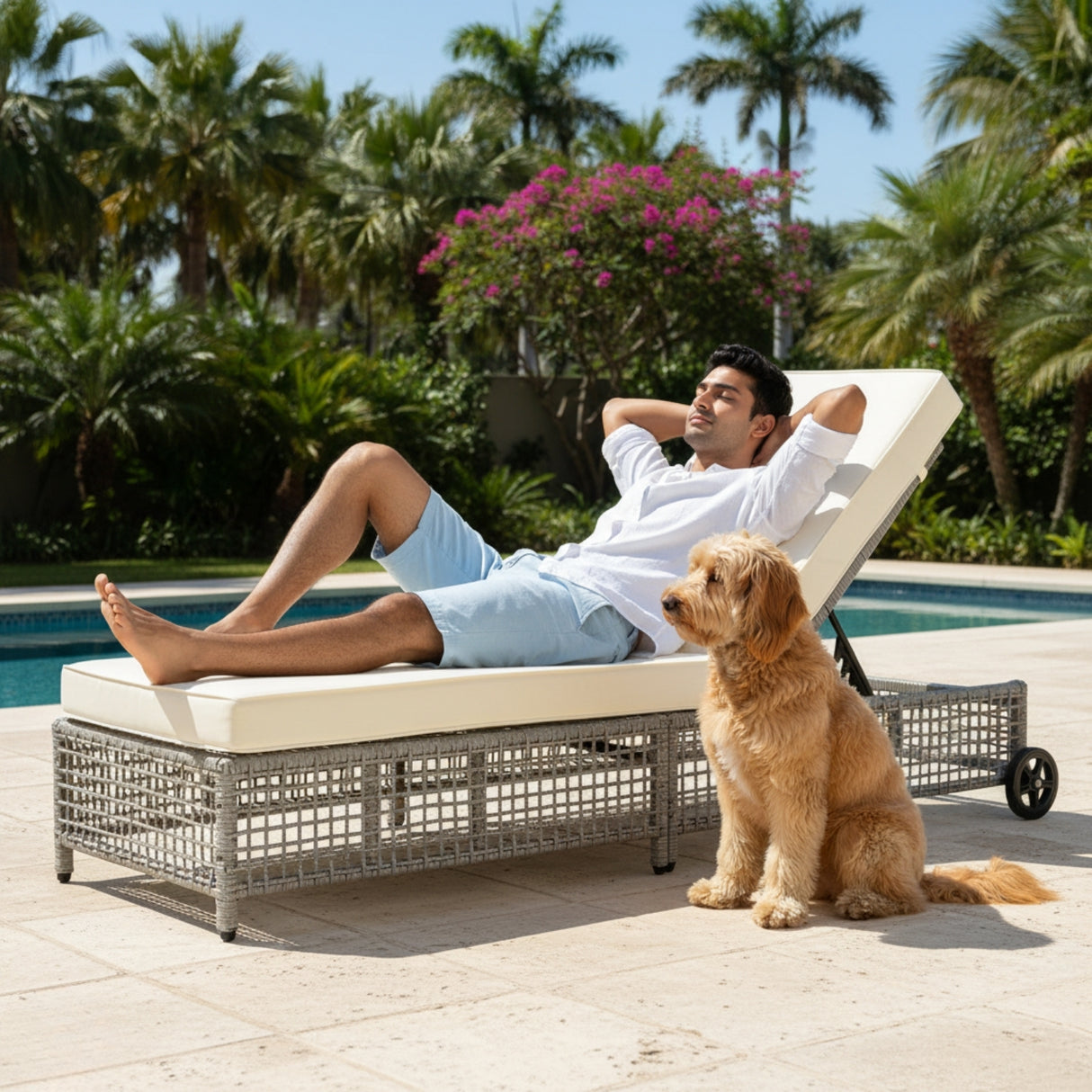 Outdoor Wicker Rattan Lounger Set of 2 with Patio Umbrella (Silver Grey & Off-White)