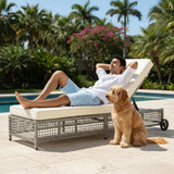 Outdoor Wicker Rattan Lounger Set of 2 with Patio Umbrella (Silver Grey & Off-White)