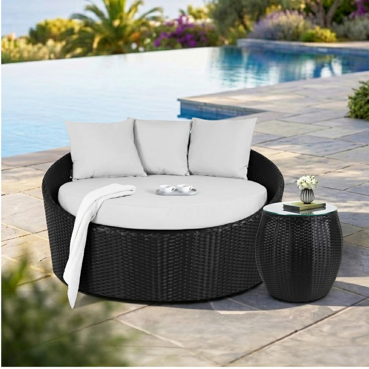 Outdoor Rattan Wicker Daybed with Glass Top Table