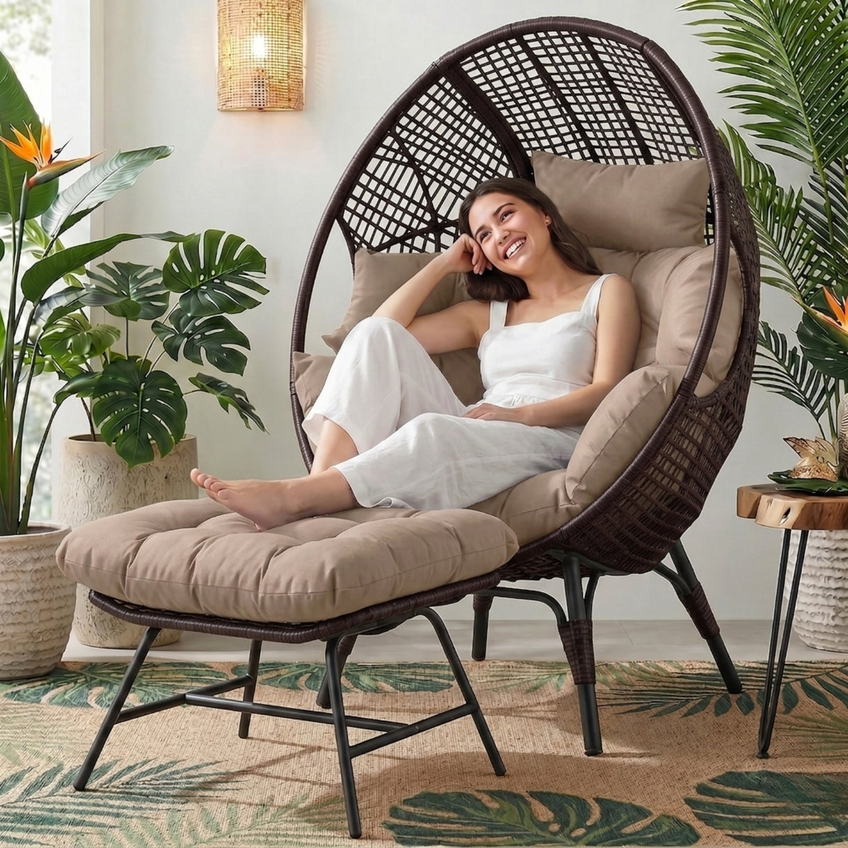 4-Piece Outdoor Wicker Egg Chair Set with Ottomans (Dark Brown & Cream)