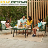 Outdoor Rope 4-Seater Sofa Set with Glass Top Table (Green & Off-white)