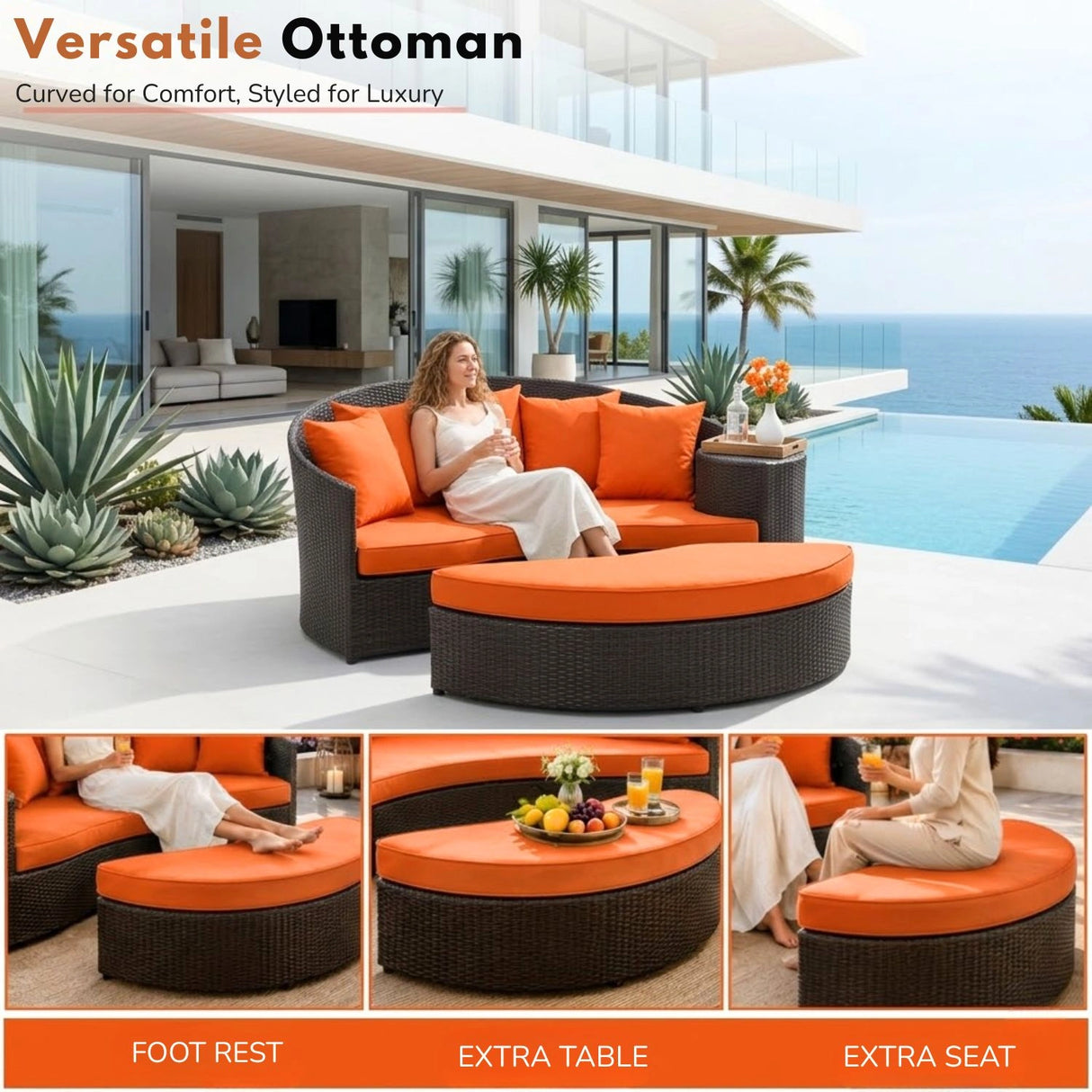 Outdoor Rattan Wicker Daybed (Dark Brown & Orange)
