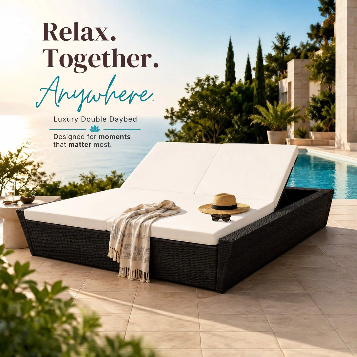 Outdoor Wicker Patio Double Seater Recliner Daybed