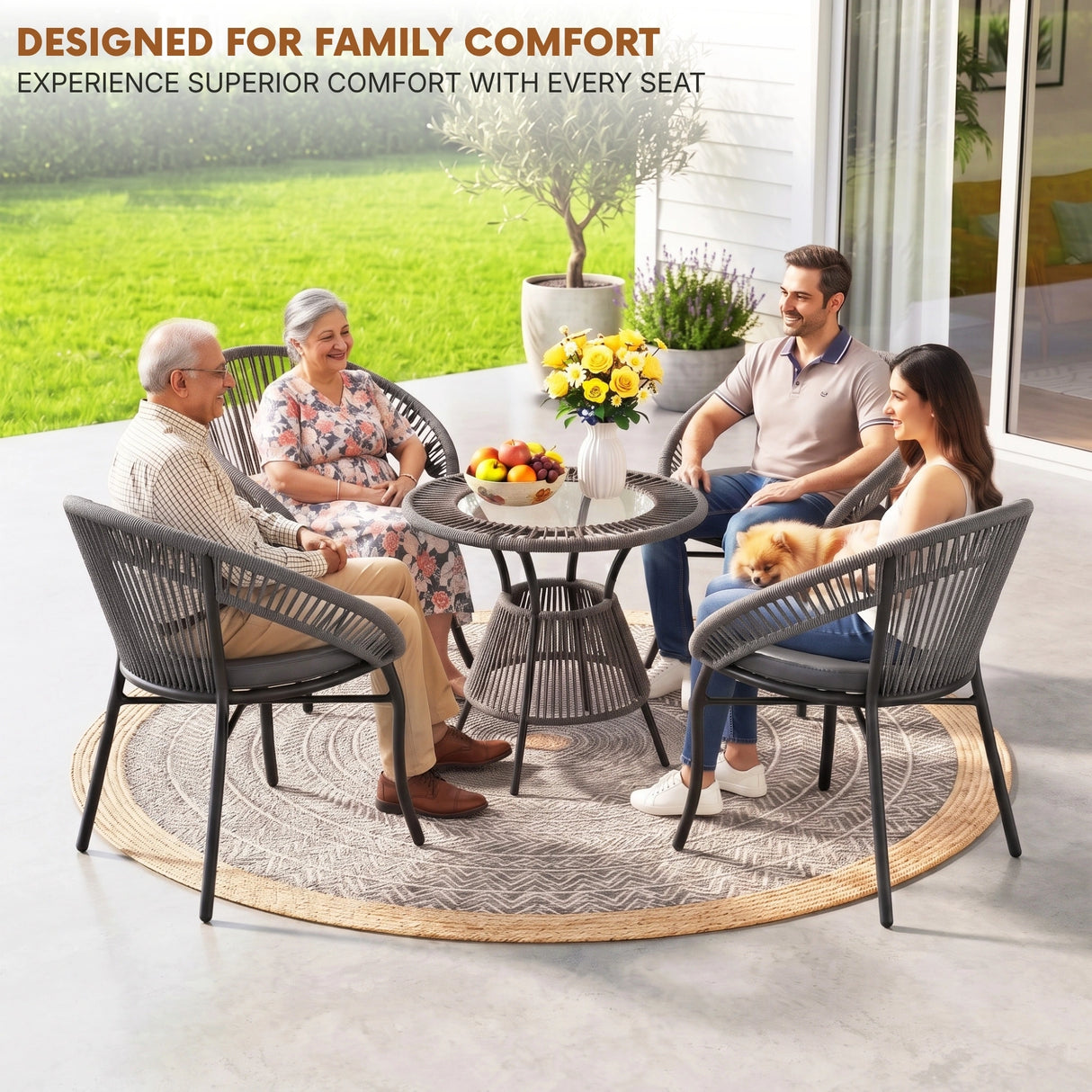 Outdoor 4-Seater Patio Rope Conversation Set (Grey & Dark Grey)